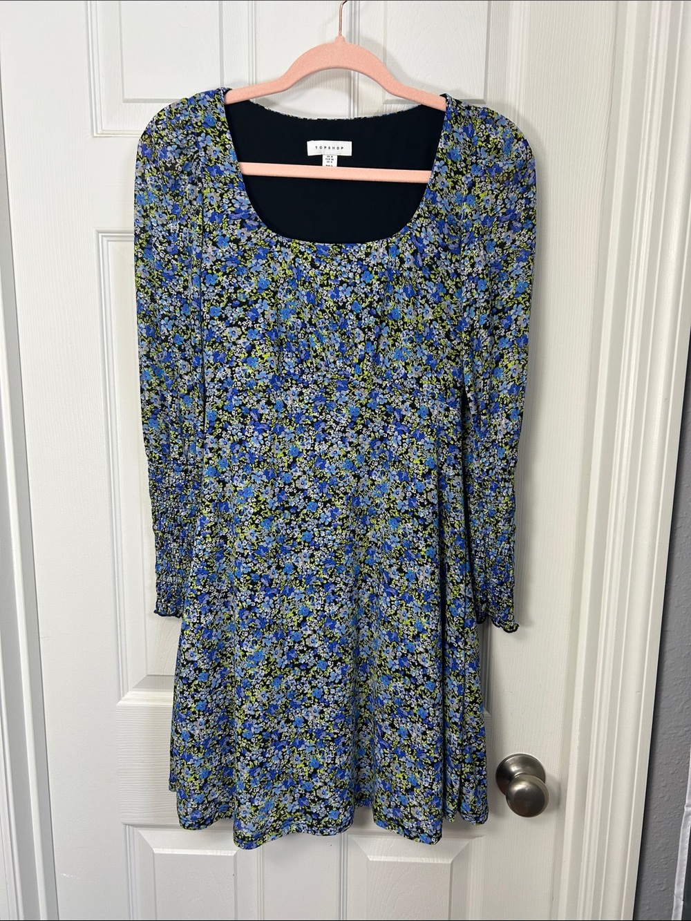 Topshop Blue & Green Floral Long-Sleeve Dress